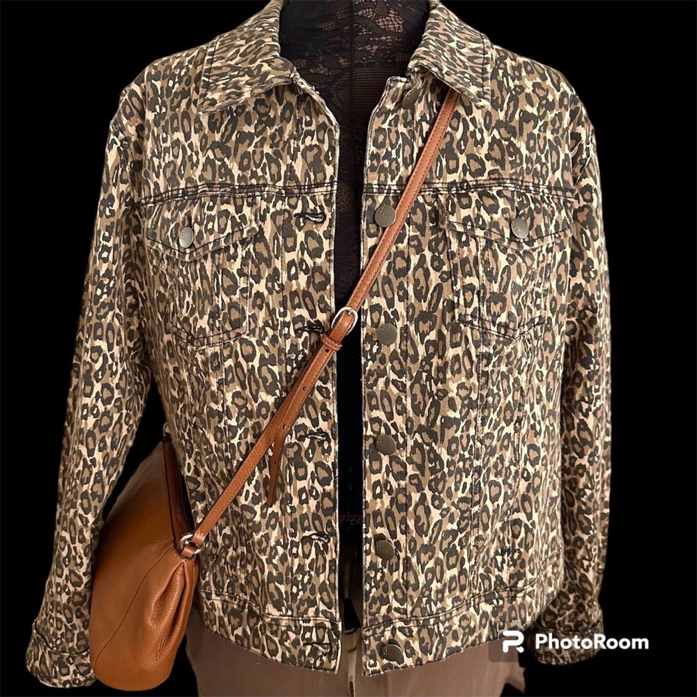 D. JEANS JACKET CREAM BROWN ANIMAL LEOPARD PRINT STRETCH COTTON POCKETS SIZE XL